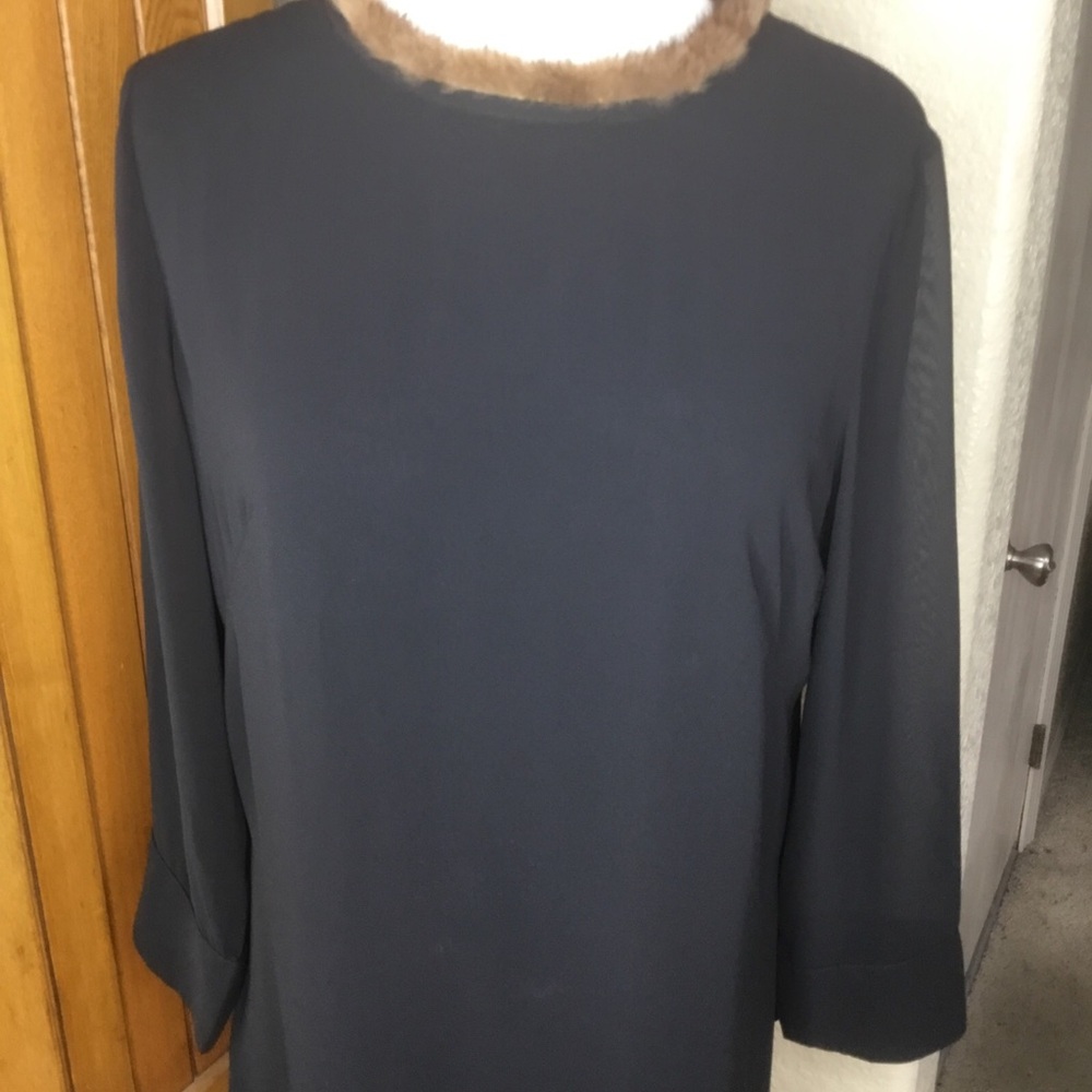 Edward Achour Paris 42 Black Tunic Slits Faux Fur Neckline Long Sheer Sleeve